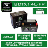 BC Lithium Batteries BCTX14L-FP Batteria Moto Litio LiFePO4, 1 kg, 12V, YTX14L-BS / GYZ16HL - BC Battery Controller